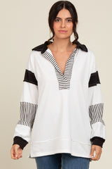 Ivory Striped Colorblock Collared Maternity Pullover Top