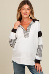 Ivory Striped Colorblock Collared Maternity Pullover Top