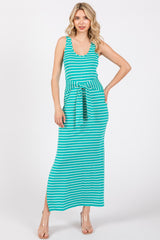 Turquoise Striped Front Tie Maternity Dress