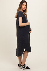 Navy Blue Waffle Knit Short Sleeve Maternity Dress