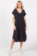 Navy Blue Waffle Knit Short Sleeve Maternity Dress