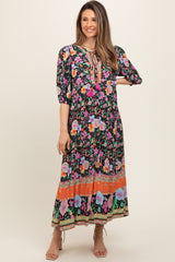 Black Floral Tassel Tie Maternity Maxi Dress