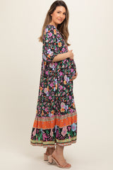 Black Floral Tassel Tie Maternity Maxi Dress