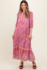 Pink Floral Tassel Tie Maternity Maxi Dress