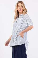 Blue Striped Button Up Collared Short Sleeve Top