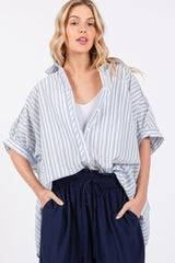 Blue Striped Button Up Collared Short Sleeve Top