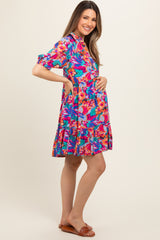 Blue Floral Button Short Sleeve Maternity Dress