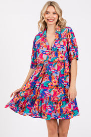 Blue Floral Button Short Sleeve Dress