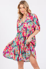 Pink Floral Button Short Sleeve Dress