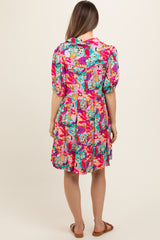 Pink Floral Button Short Sleeve Maternity Dress