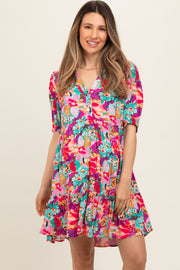 Pink Floral Button Short Sleeve Maternity Dress