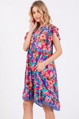 Blue Multicolor Ruffle Accent Dress