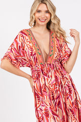 Orange Embroidered V-Neck Short Pom Sleeve Midi Dress