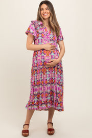 Magenta Print Ruffle Accent Maternity Midi Dress