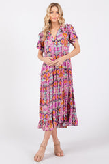 Magenta Print Ruffle Accent Maternity Midi Dress