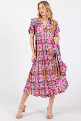 Magenta Print Ruffle Accent Midi Dress