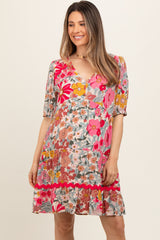 Pink Floral V Neck Half Sleeve Maternity Dress