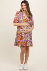 Lavender Floral V Neck Half Sleeve Maternity Dress