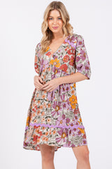 Lavender Floral V Neck Half Sleeve Maternity Dress