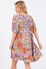 Lavender Floral V Neck Half Sleeve Dress