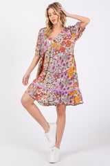 Lavender Floral V Neck Half Sleeve Dress