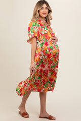 Cream Floral Satin Ruffle Short Flutter Sleeve Maternity Midi Dress