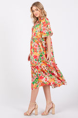 Cream Floral Satin Ruffle Short Flutter Sleeve Midi Dress