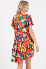 Blue Floral Ruffle Tiered V-Neck Dress