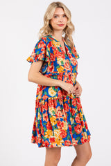 Blue Floral Ruffle Tiered V-Neck Dress