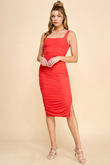 Coral Red Mesh Knit Ruched Midi Dress