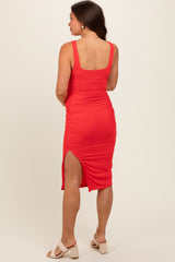 Coral Red Mesh Knit Ruched Maternity Midi Dress