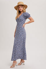 Blue Floral Puff Sleeve V Neck Maxi Dress