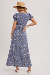 Blue Floral Puff Sleeve V Neck Maxi Dress