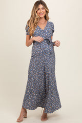 Blue Floral Puff Sleeve V Neck Maternity Maxi Dress