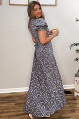 Blue Floral Puff Sleeve V Neck Maxi Dress