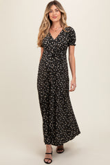 Black Floral Puff Sleeve V Neck Maternity Maxi Dress