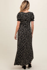 Black Floral Puff Sleeve V Neck Maternity Maxi Dress