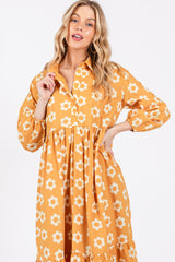 Yellow Floral 3/4 Sleeve Collared Maxi Dress