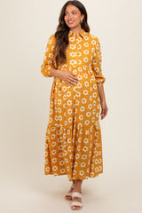 Yellow Floral 3/4 Sleeve Collared Maternity Maxi Dress