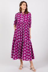 Purple Floral 3/4 Sleeve Collared Maternity Maxi Dress