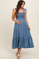 Blue Chambray Smocked Square Neck Shoulder Tie Maternity Midi Dress