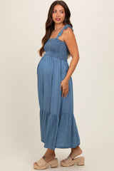 Blue Chambray Smocked Square Neck Shoulder Tie Maternity Midi Dress