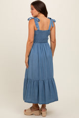 Blue Chambray Smocked Square Neck Shoulder Tie Maternity Midi Dress