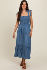 Blue Chambray Smocked Square Neck Shoulder Tie Maternity Midi Dress