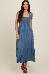 Blue Chambray Smocked Square Neck Shoulder Tie Midi Dress