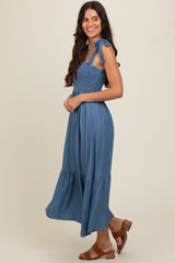 Blue Chambray Smocked Square Neck Shoulder Tie Midi Dress