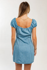 Washed Denim Cap Sleeve Sweatheart Neckline Denim Mini Dress