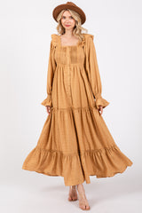 Camel Button Pleated Front Square Neck Ruffle Tiered Maternity Maxi Dress