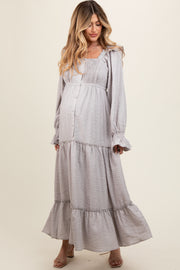 Grey Button Pleated Front Square Neck Ruffle Tiered Maternity Maxi Dress