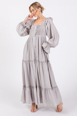 Grey Button Pleated Front Square Neck Ruffle Tiered Maxi Dress